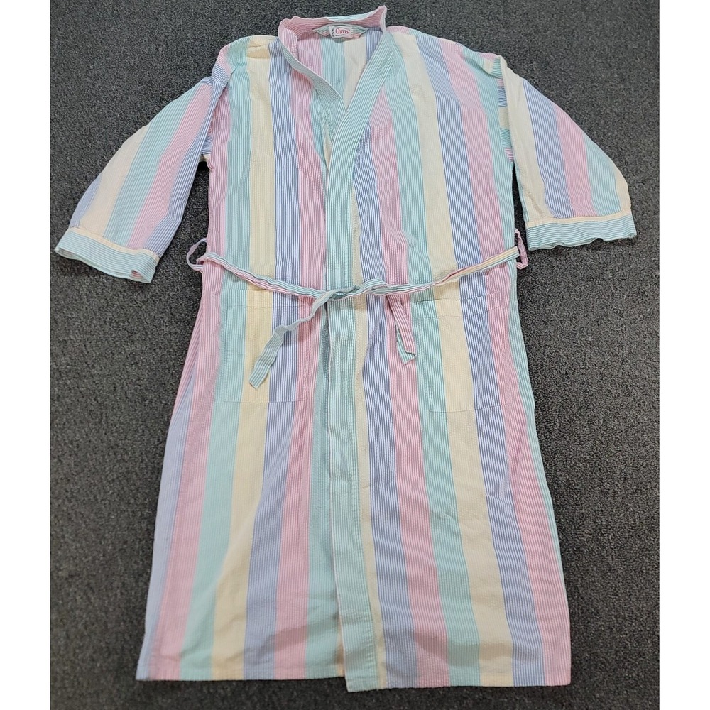 Orvis Robe Womens Pastel Stripe Seersucker Belted Housecoat Vtg OS 90s USA Made